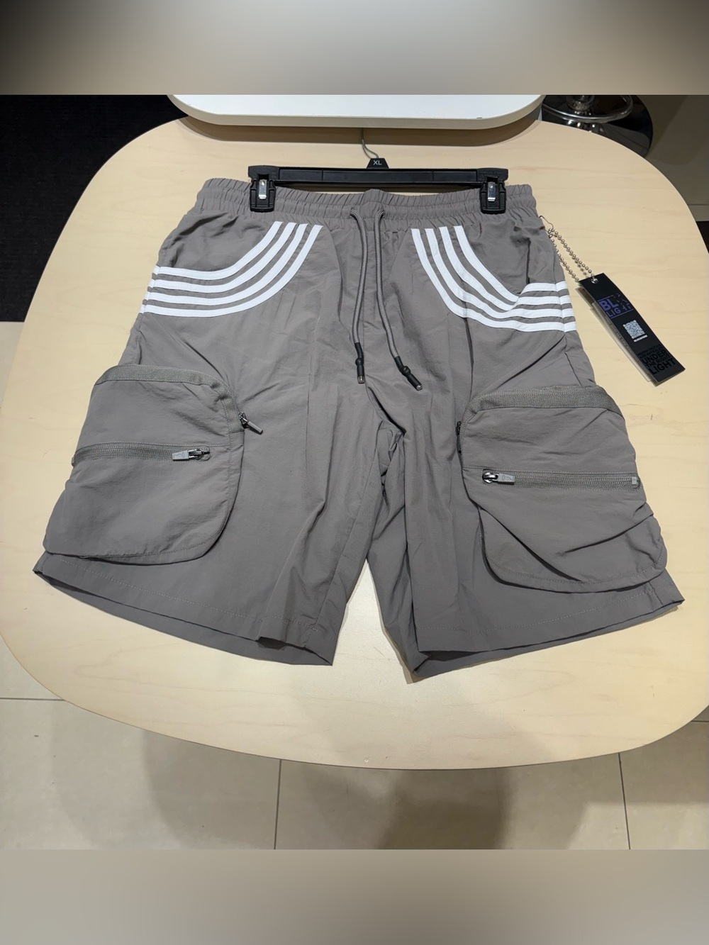 Men's Gray Cargo Shorts with White Stripe Accents and Utility Pockets